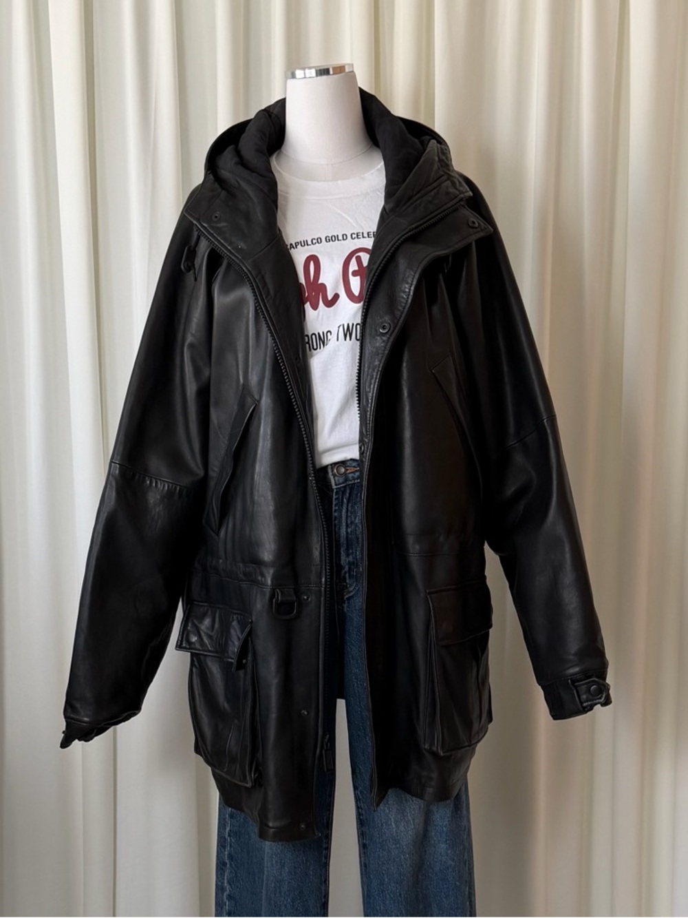 Vintage 90s Polo Sport Ralph Lauren Leather Parka Jacket Hooded Black XL Rare. - Picture 5 of 16